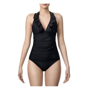Ellen Tracy Ruffle Neck Halter One Piece Swimsuit in Black NWT Size 10